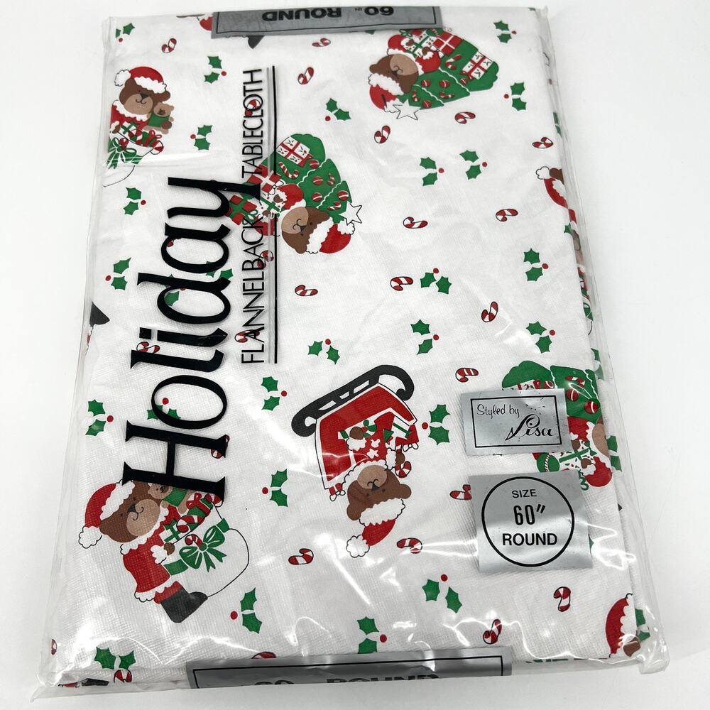 Styled by Lisa Holiday Tablecloth 60" Round Santa Bears in Sleigh Flannel Back